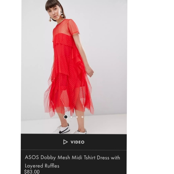 ASOS Dobby Mesh Midi Tshirt Dress withLayered Ruffles red color - Picture 6 of 8